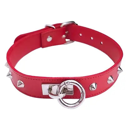 Rouge Leather ORing Studded Collar-Red