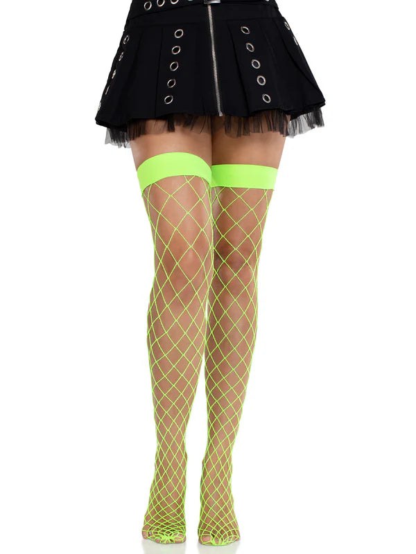 Ida Net Thigh High Stockings- One Size Neon Green