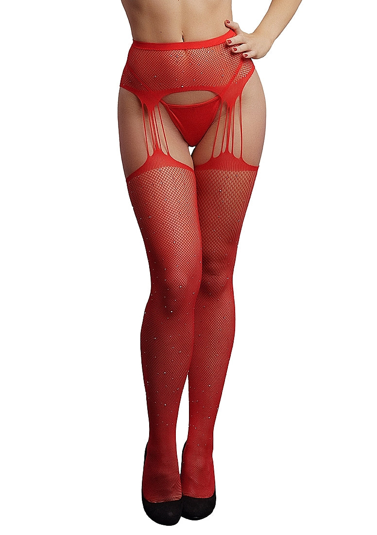 Hose: Suspender Rhinestone Red