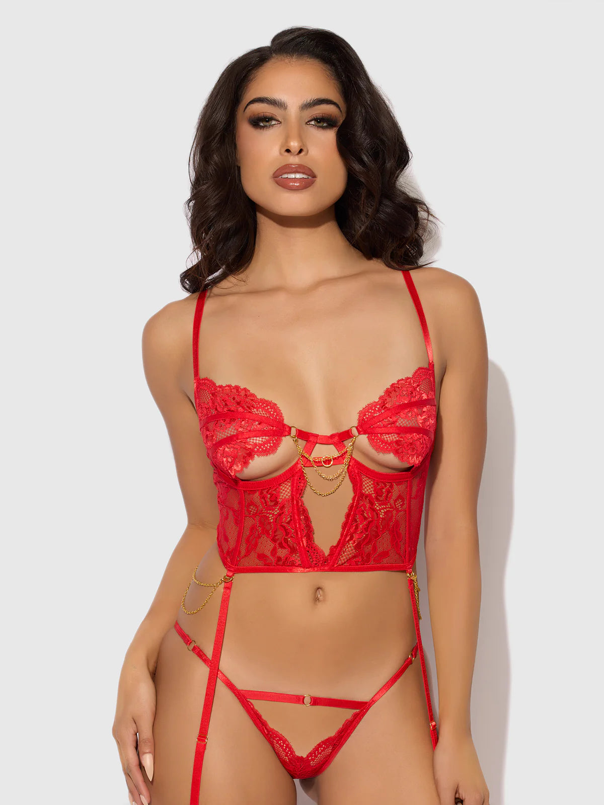 Cecily Lace & Chain Bustier- Red