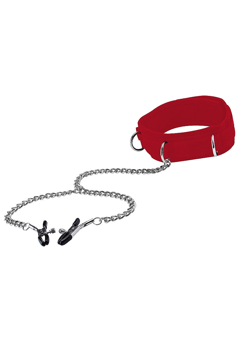 Ouch Velcro Collar with Nipple Clamps Red