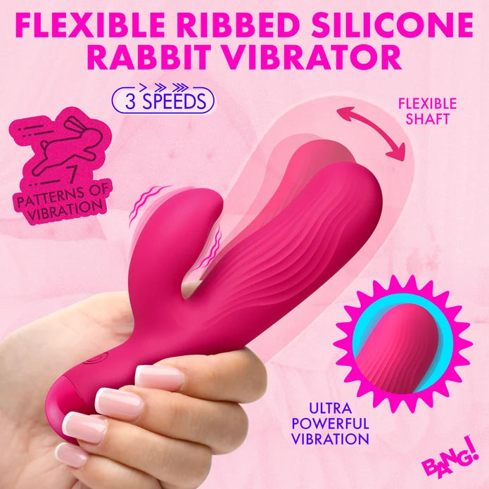 BANG! Flexible Ribbed Silicone Rabbit Vibrator - Pink