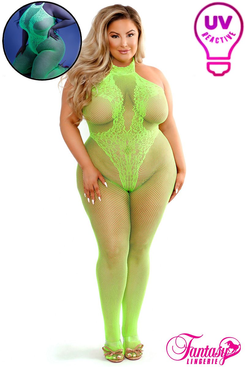 Moonbeam Crotchless Catsuit- Neon Green