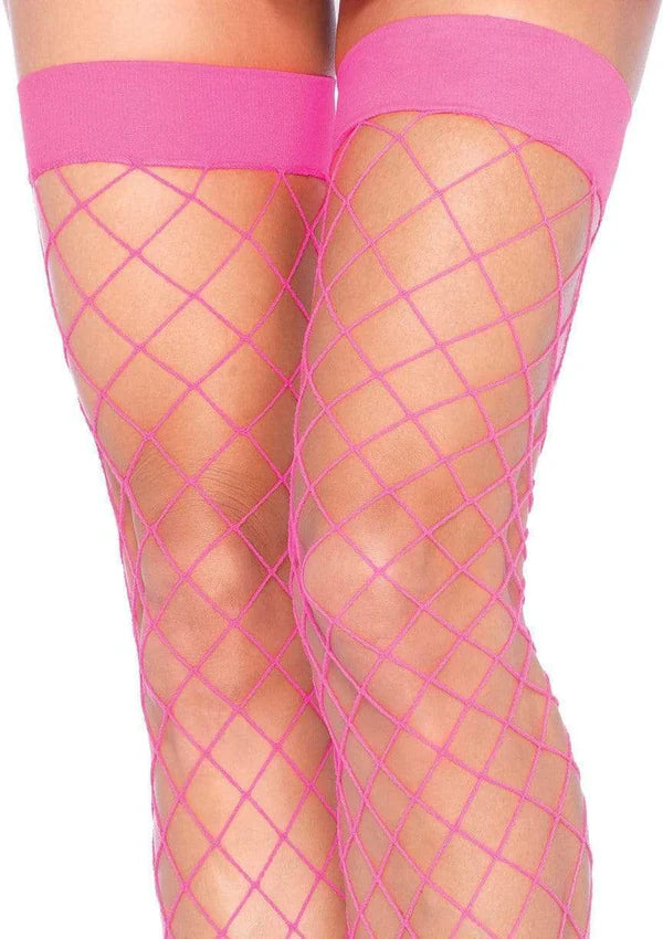 Ida Net Thigh High Stockings- One Size Neon Pink