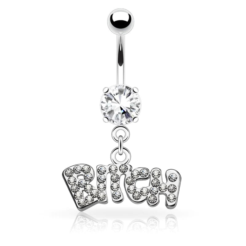 Belly Ring: 316L Surgical Steel White CZ "BITCH" Dangle Belly Ring