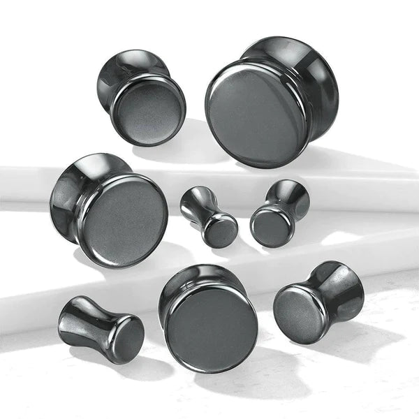 Plug: 4ga Organic Natural Stone Hematite Double Flared Saddle Plugs