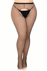 Ginny Plus Fishnet Crotchless Pantyhose- Black