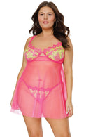 Embroidered Babydoll Neon Pink 3x/4x