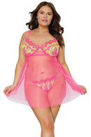 Embroidered Babydoll Neon Pink 1x/2x