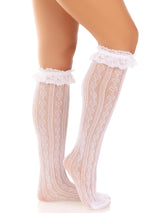 Sweetheart Ruffle Cuff Knee High Socks- One Size White