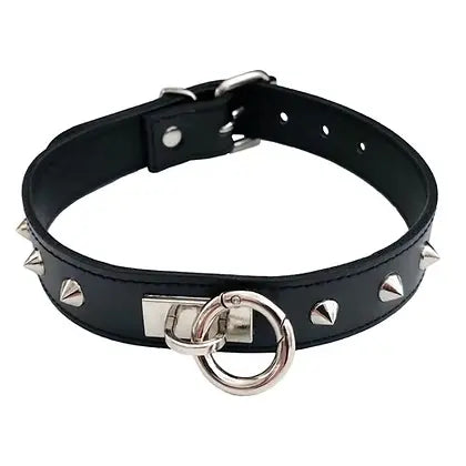 Rouge Leather ORing Studded Collar-Black