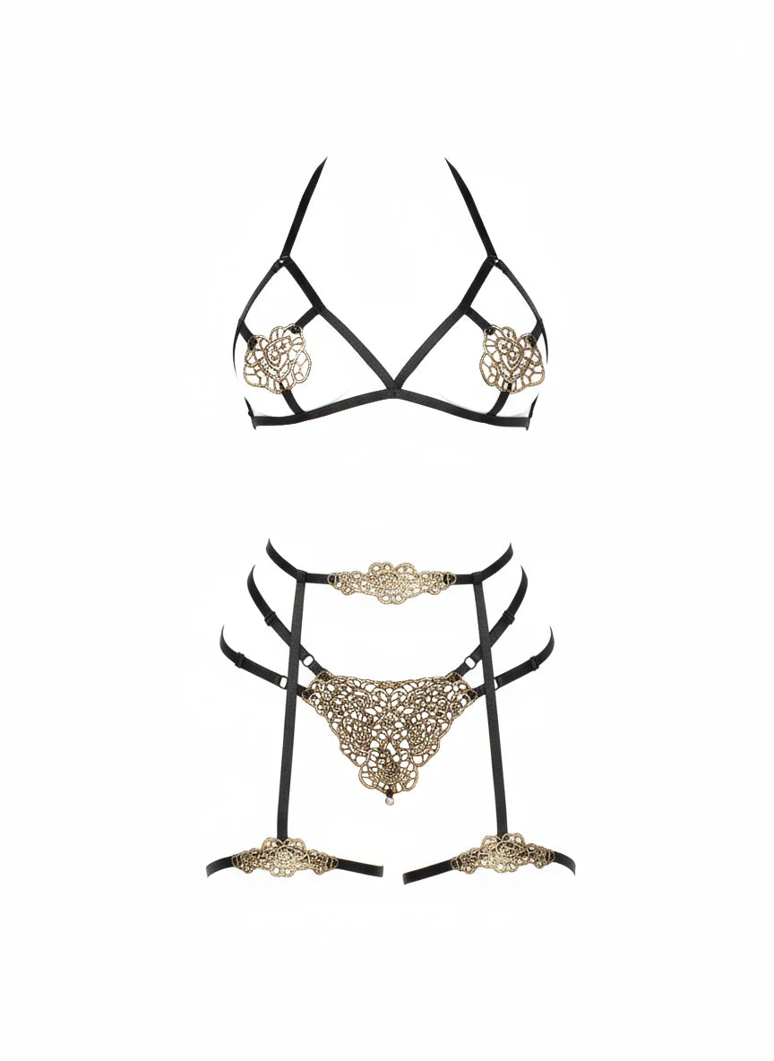 DM After Dark Applique Bra and Panty Set- One Size
