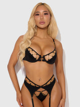 Evangeline Satin & Chain Bra Set- Black