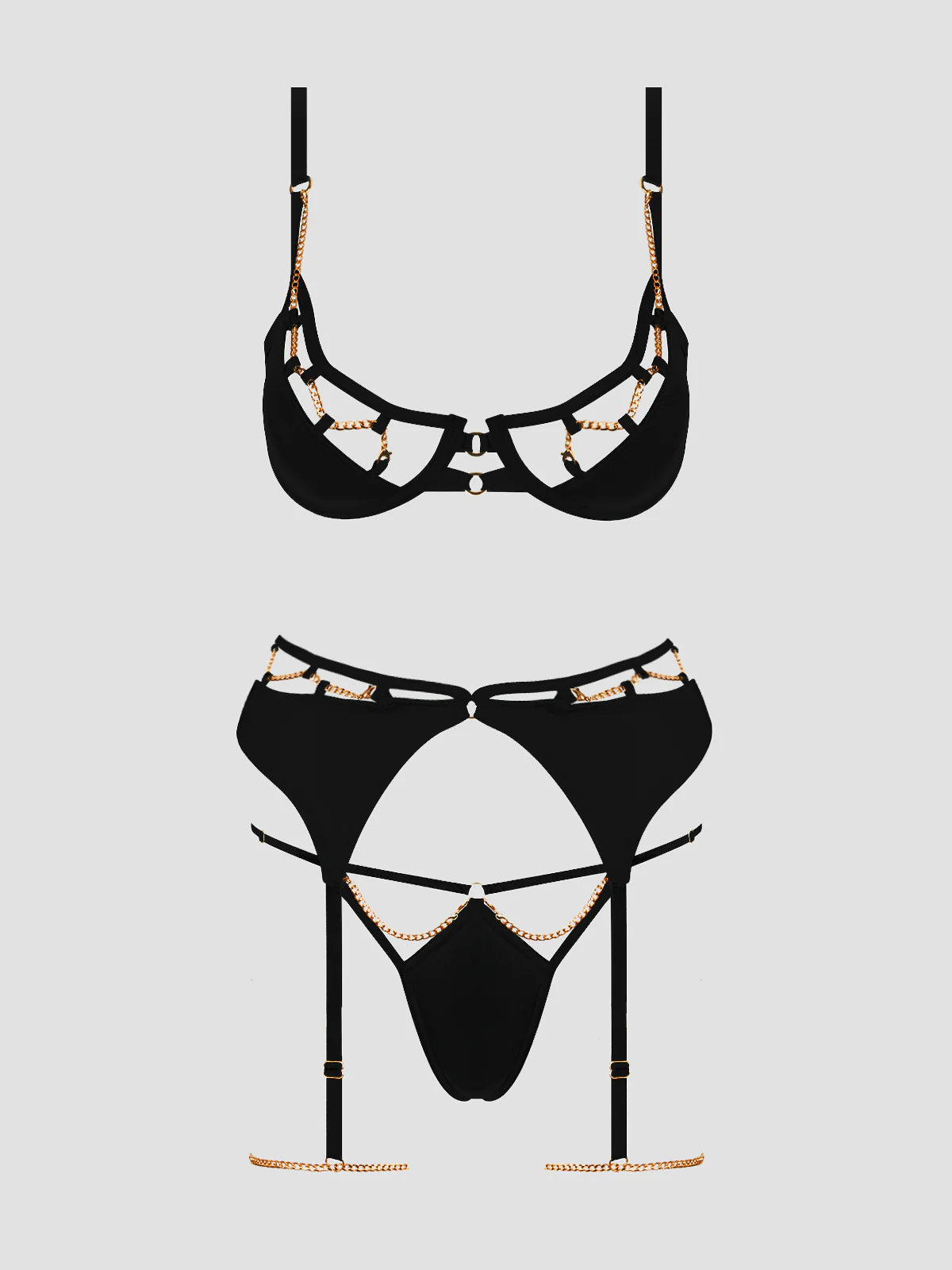 Evangeline Satin & Chain Bra Set- Black