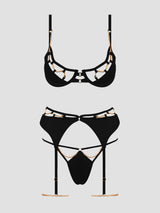Evangeline Satin & Chain Bra Set- Black