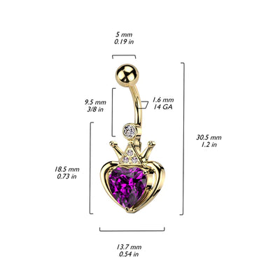 Belly Ring: Surgical Steel Heart Crown-Pink