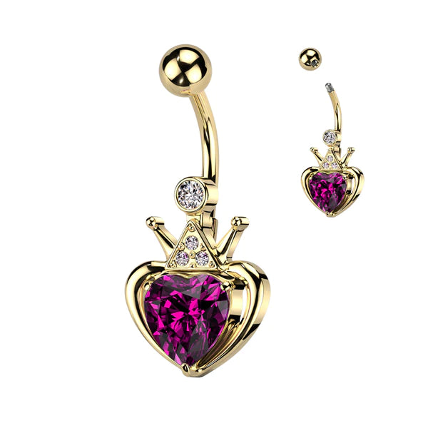 Belly Ring: Surgical Steel Heart Crown-Pink