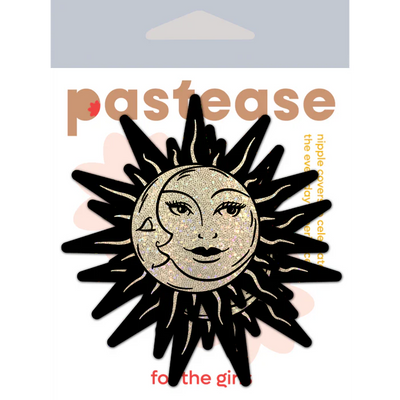 Pasties: Sunburst Sun & Moon Faces on Gold Glitter