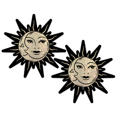 Pasties: Sunburst Sun & Moon Faces on Gold Glitter
