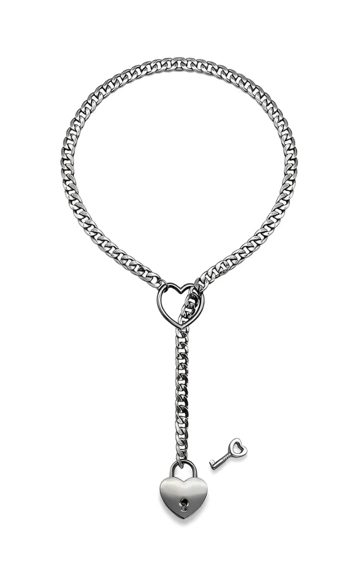Heart & Lock O Ring Slip Choke Chain - Silver