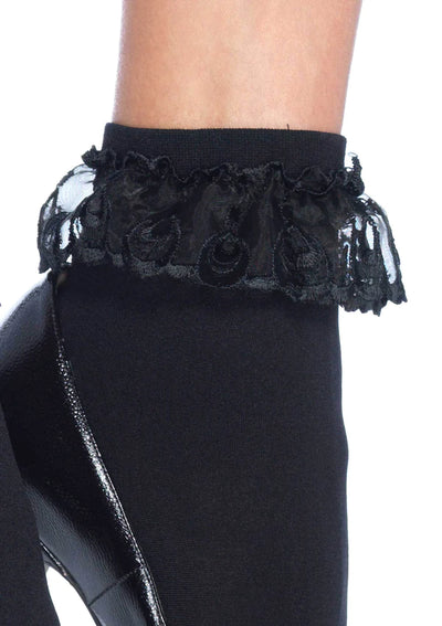 Diem Lace Ruffle Anklet Socks- One Size Black