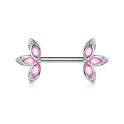 Nipple Ring: 316L Surgical Steel CZ Petal Nipple Ring Barbell with Pink CZ