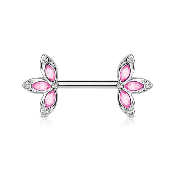 Nipple Ring: 316L Surgical Steel CZ Petal Nipple Ring Barbell with Pink CZ