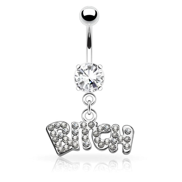 Belly Ring: 316L Surgical Steel White CZ "BITCH" Dangle Belly Ring
