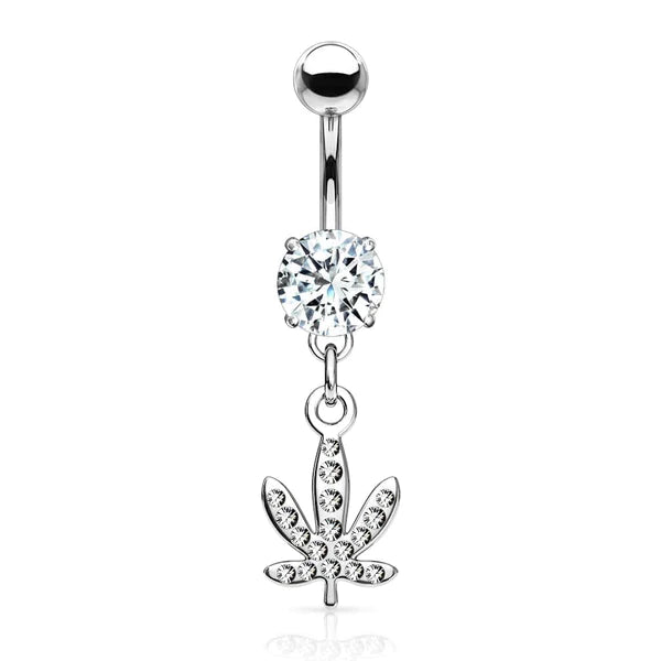 Belly Ring: Surgical Steel Weed Leaf-White 14ga