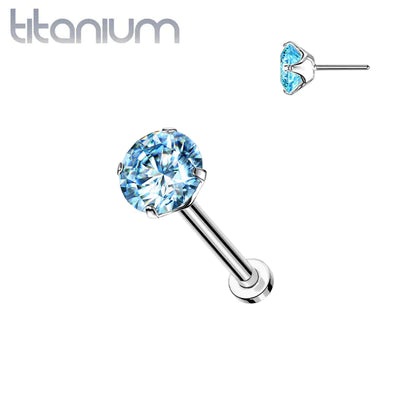 Nose Pin: Implant Grade Titanium Threadless Push In Flat Back Aqua Prong CZ Nose Ring Stud