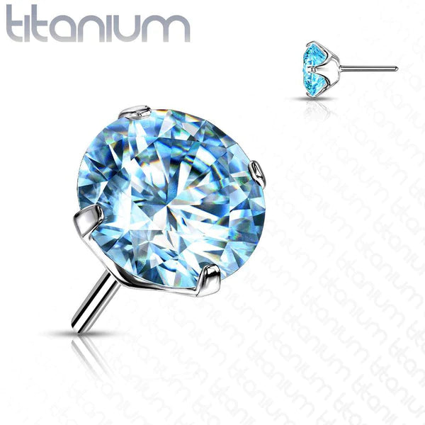 Nose Pin: Implant Grade Titanium Threadless Push In Flat Back Aqua Prong CZ Nose Ring Stud