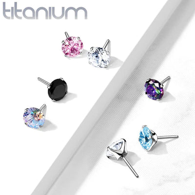 Nose Pin: Implant Grade Titanium Threadless Push In Flat Back Aqua Prong CZ Nose Ring Stud