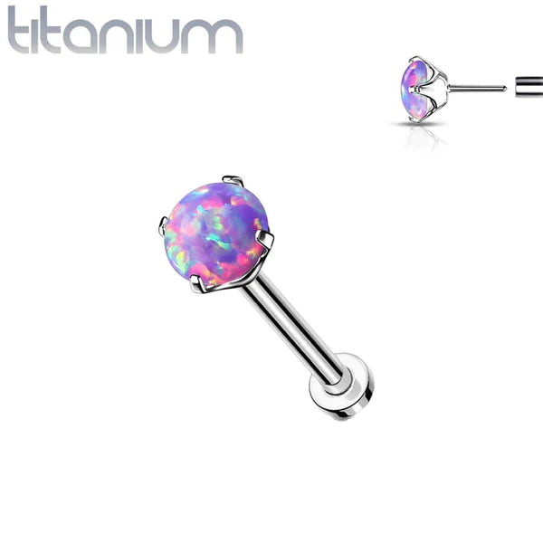 Nose Pin:Implant Grade Titanium Threadless Push In Nose Ring Clawed Purple Opal Stone With Flat Back