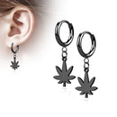 Earring: Pair Of 316L Surgical Steel Black PVD Thin Hoop Earrings With Dangling Weed Leaf