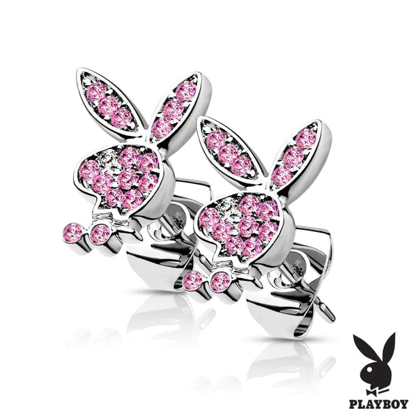 Earring: Pair of 316L Surgical Steel Playboy Pink CZ Stud Earrings- Pink