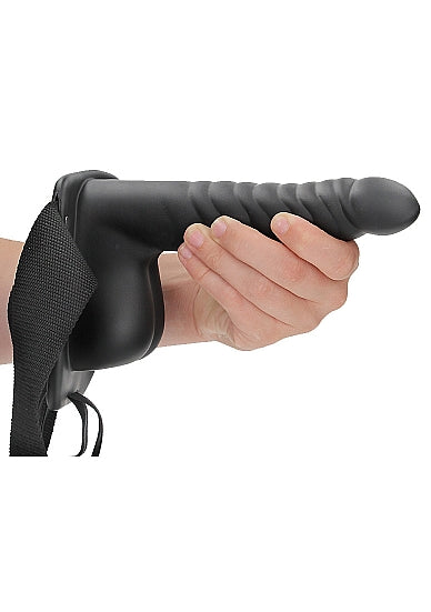 Strap On Ribbed Hollow w/Balls 8" - Black