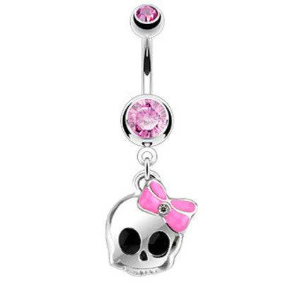 Belly Ring: Surgical Steel Bow Skull-Pink