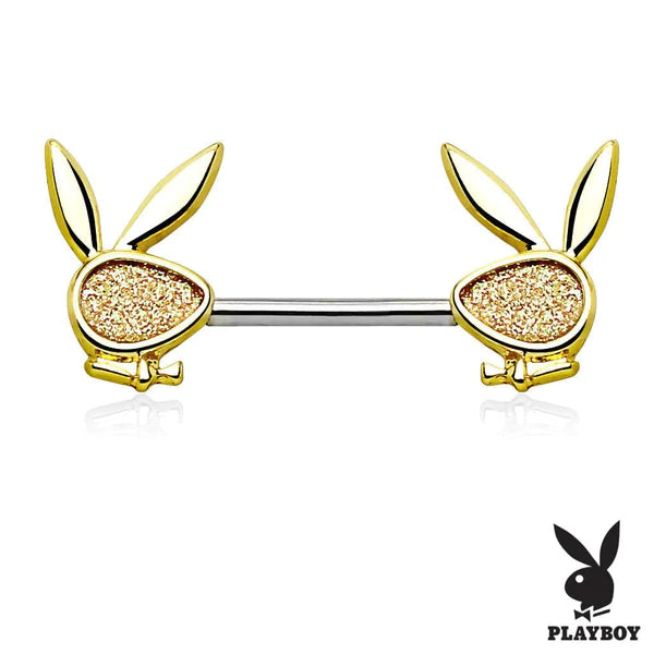 Nipple Ring:   Surgical Steel Double Front Facing Glitter Playboy Nipple Ring Barbell